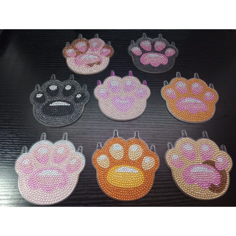 Set of 8 Handmade Diamond Art Cat Paw Coasters with Cork Backing & Holder